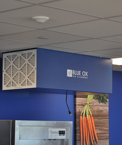 Blue Ox Air Cleaners OX-1100 air filtration system installed in a commercial kitchen to remove odors.
