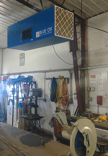 Blue Ox Air Cleaner installed to remove weld fumes and smoke from local shop.